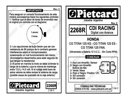 Cdi Pietcard Sin Corte Honda Cg Titan 125 Fan Ks Es 2268r 