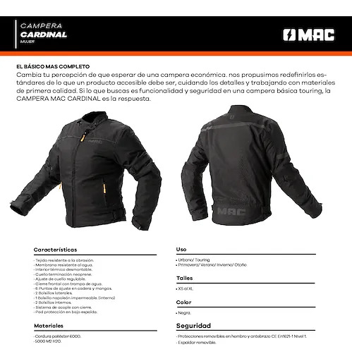 Campera Moto Mujer Mac Cardinal Cordura Protecciones Rpm Negro Cardinal S Nuevo Modelo