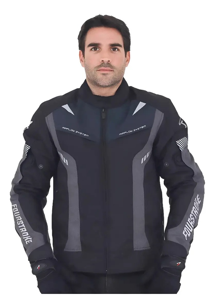 Campera Moto Warrior Waterproof Jacket 4t Fourstroke Rpm Negro Y Azul V2 L