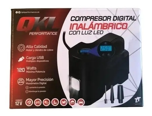 [AI50] Compresor Usb Digital Inalámbrico 12v 220 Led Auto Bici Moto Negro Monofásica
